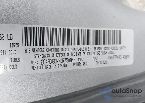 2019 Dodge Grand Caravan Sxt из США, поврежденный, VIN 2C4RDGCG7KR750856